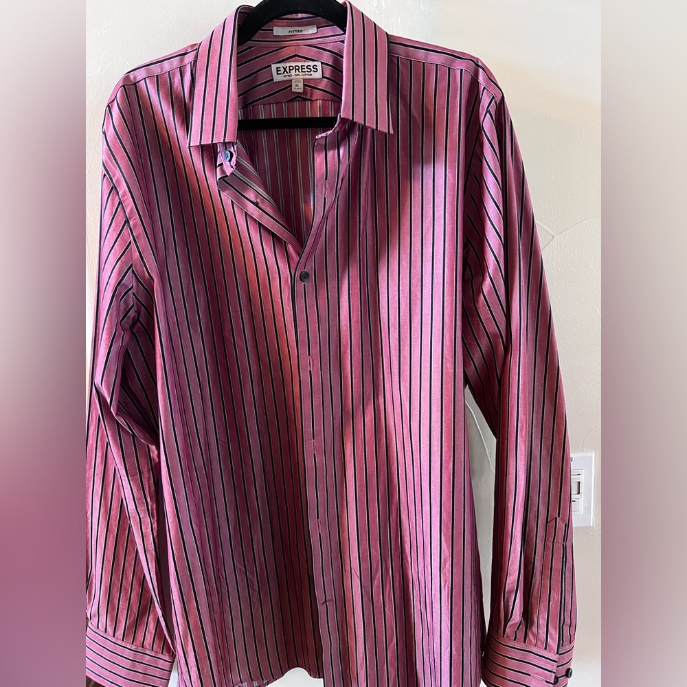 Express Men's Pink and Black Striped Shirt
